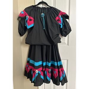 Vintage 70s/80s Western Square Dance Set  Black Pink Blue Ribbons Concho Buttons